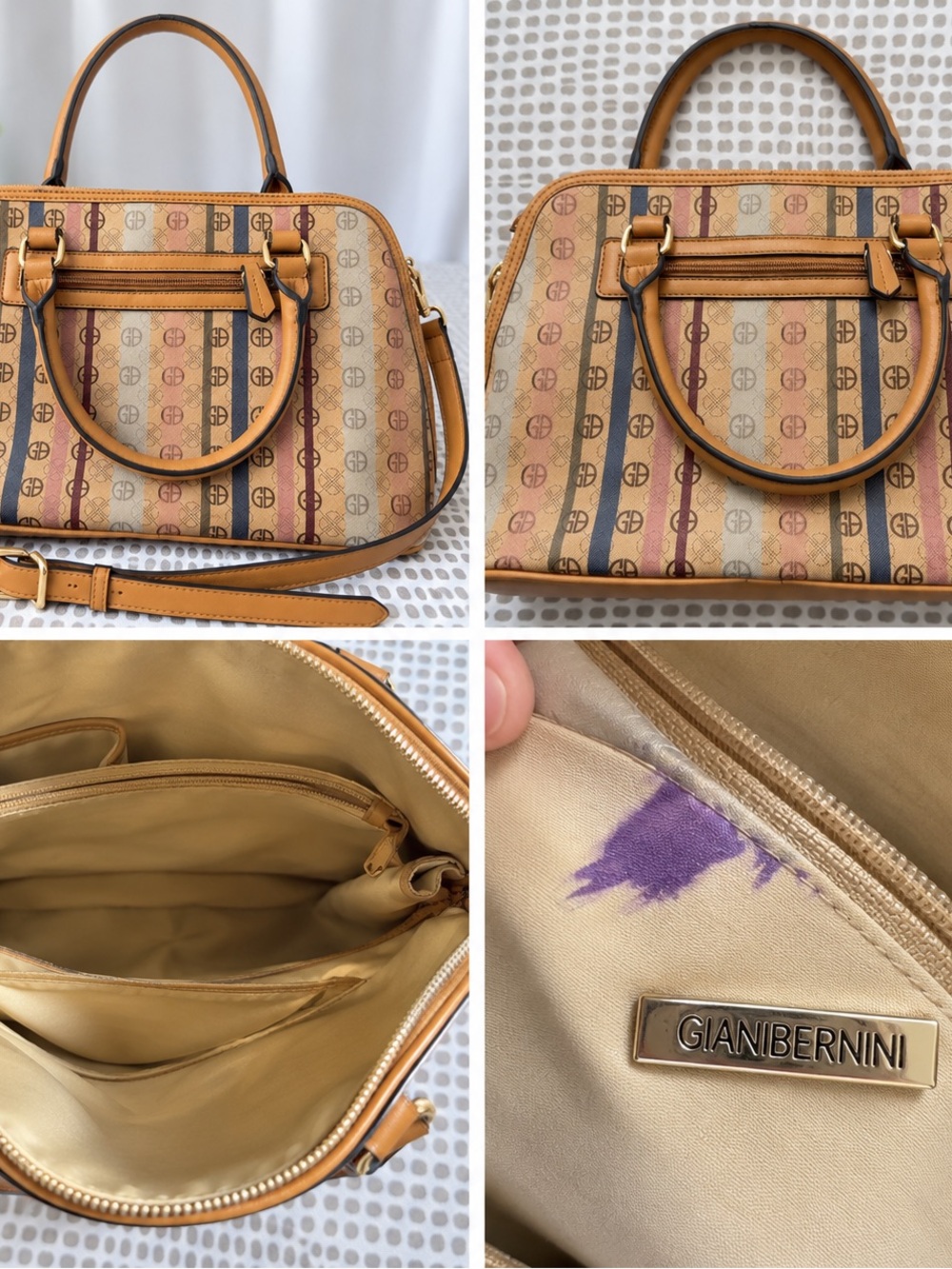 Giani Bernini Beige Tan Multistripe Logo Satchel with Gold Hardware
